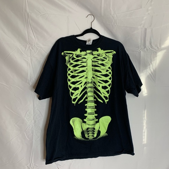 Vintage Fruit of The Loom Glow In The Dark Skeleton Black T-shirt Mens Size 2XL - Picture 3 of 6